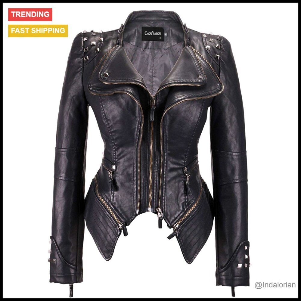 Faux Leather Biker Jacket with Studs, Slim Fit, Adjustable Hem